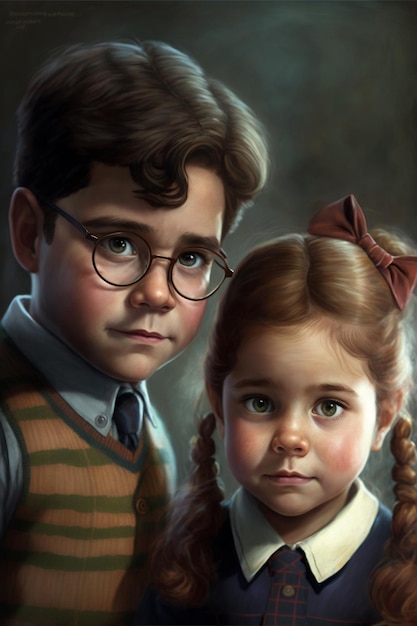 A painting of a boy and girl with glasses and a sweater vest.