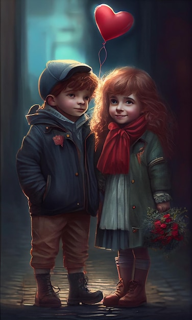 A painting of a boy and girl with a red hat and a red hat.