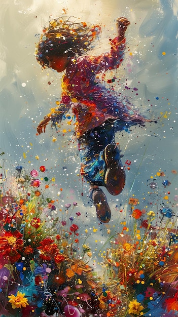 a painting of a boy jumping in the water with the colors of the rainbow