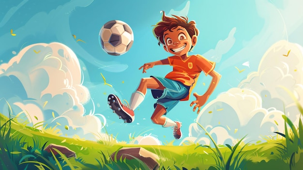 a painting of a boy playing soccer with a blue sky and a boy jumping in the air