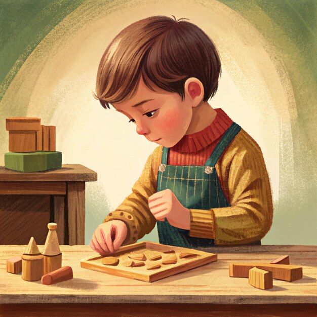 Photo a painting of a boy playing with a toy block