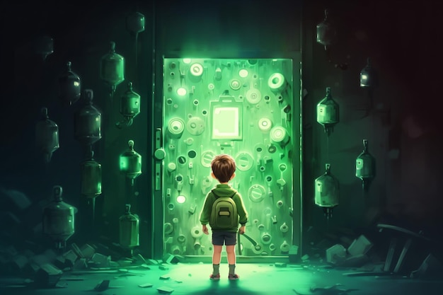 painting of a boy standing in front of a green door