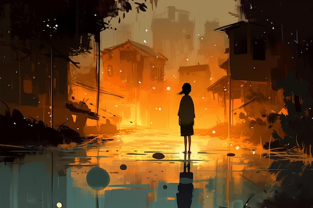 A painting of a boy standing in a puddle with the words " fire " on the bottom.