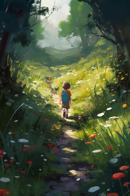 A painting of a boy walking down a path with a path that says'the little prince'on it