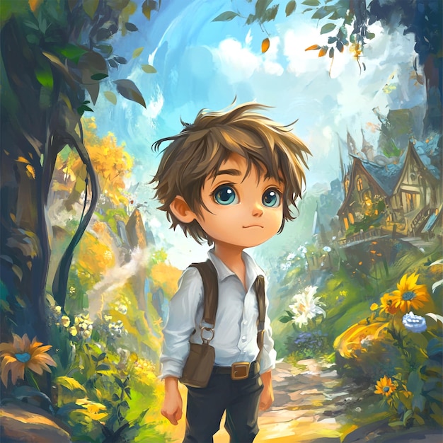 a painting of a boy with a backpack and a camera bag