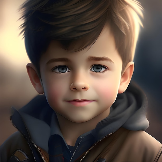 A painting of a boy with blue eyes and a jacket that says " the word " on it.