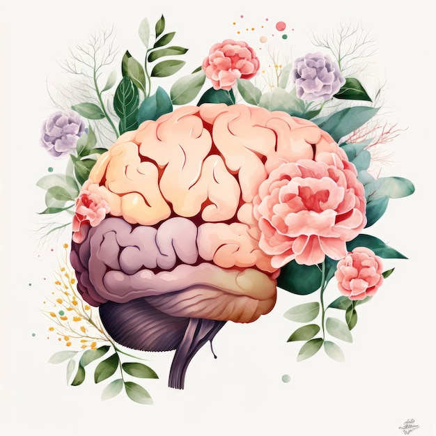 A painting of a brain with flowers on it