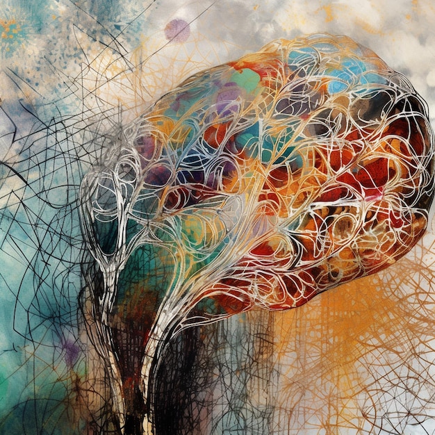 A painting of a brain with a tree in the background.