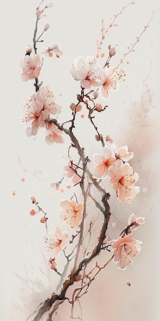 A painting of a branch of cherry blossoms.