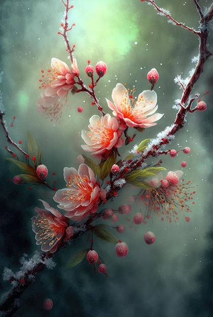 A painting of a branch of flowers with snow on the branches.