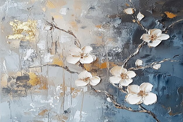 a painting of a branch with white flowers on it