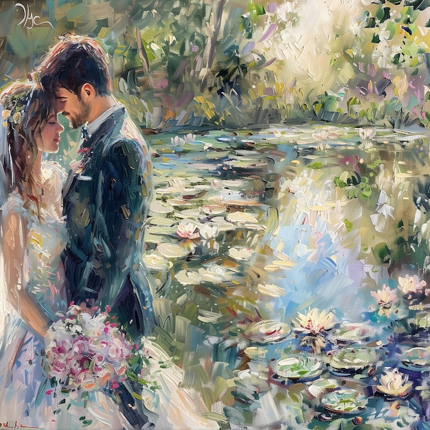 a painting of a bride and groom by a pond with flowers and water lilies