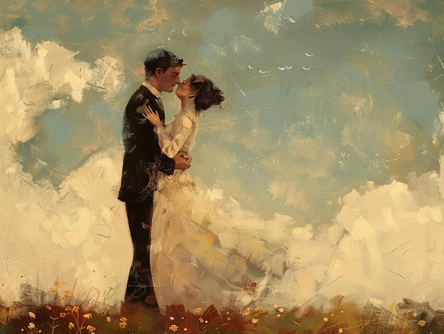 Photo a painting of a bride and groom kissing in a field