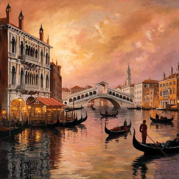 a painting of a bridge and gondola with a bridge in the background