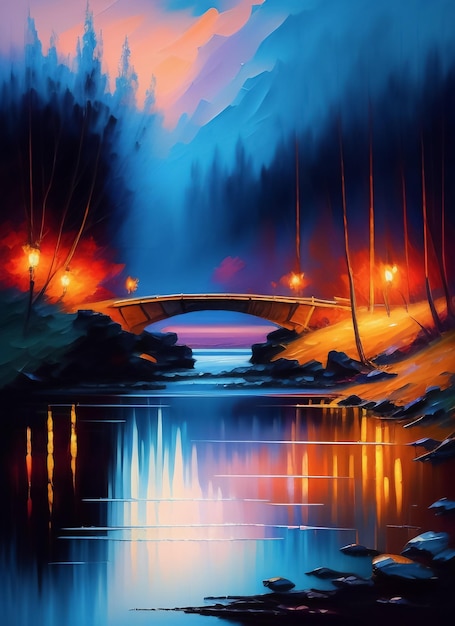 A painting of a bridge over a river with a bridge in the background.