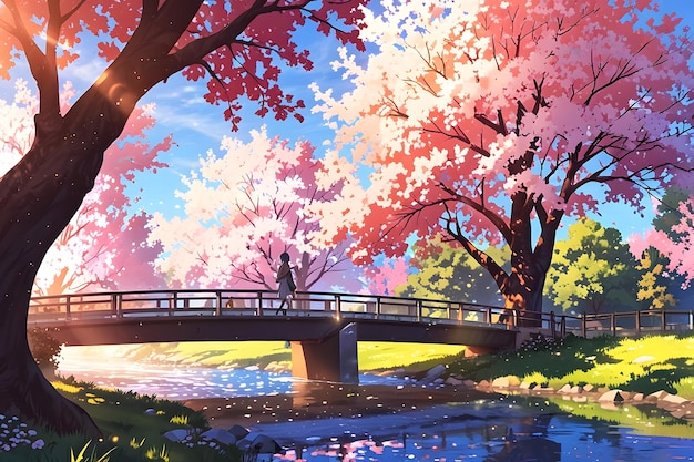 a painting of a bridge over a river with cherry blossom trees in the background