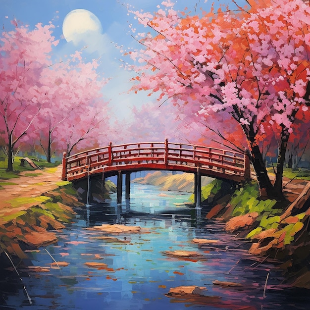 painting of a bridge over a river with a full moon in the background generative ai