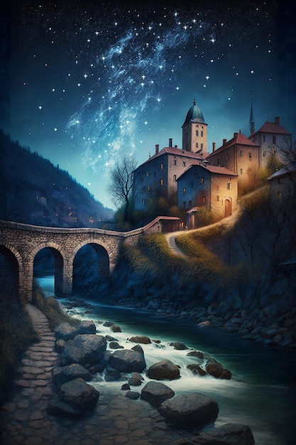 A painting of a bridge over a river with a starry sky in the background.