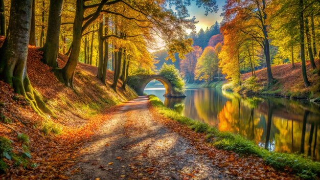 Photo a painting of a bridge over a river with trees and a bridge