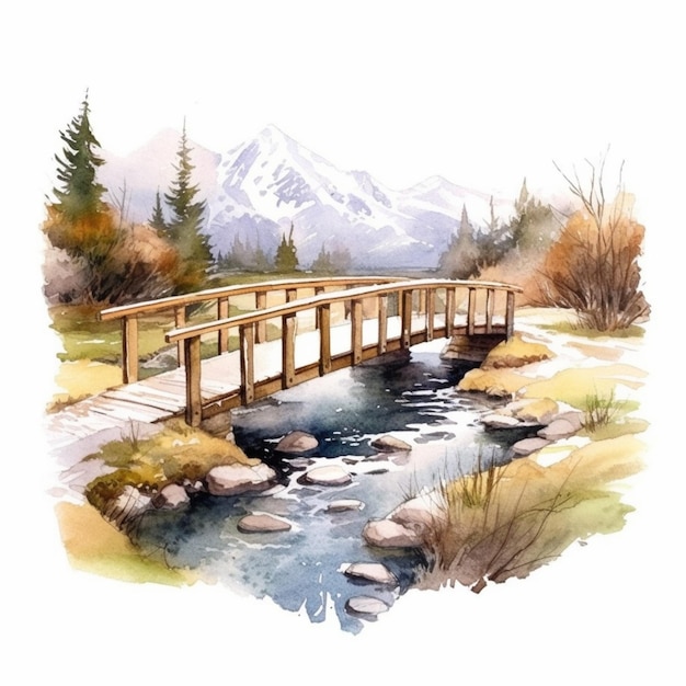 Painting of a bridge over a stream with a mountain in the background generative ai