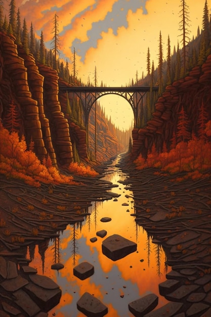 A painting of a bridge that is in the mountains