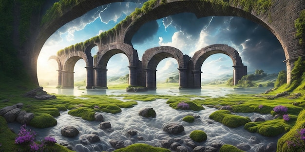 A painting of a bridge with arches and a cloudy sky.