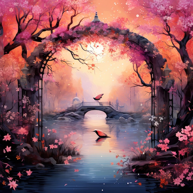 a painting of a bridge with a bird flying over it