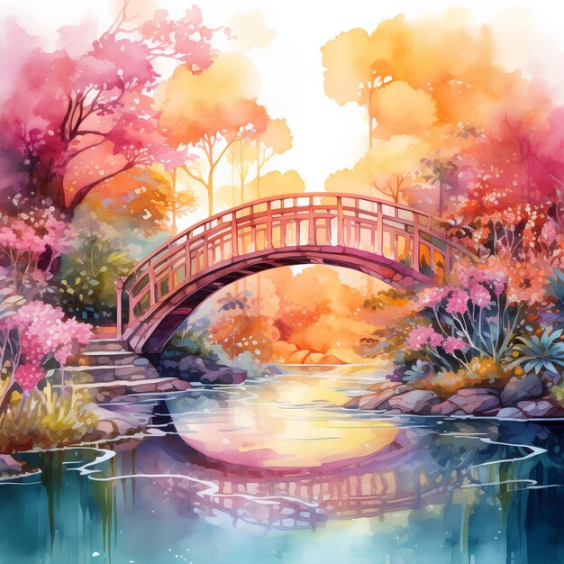 a painting of a bridge with a bridge in the background