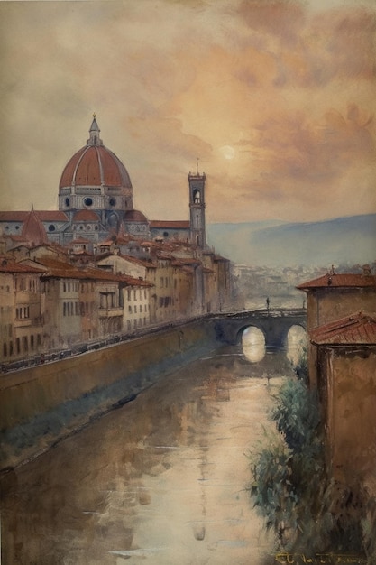 A painting of a bridge with a church in the background.