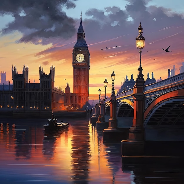 A painting of a bridge with a clock on it that says big ben.