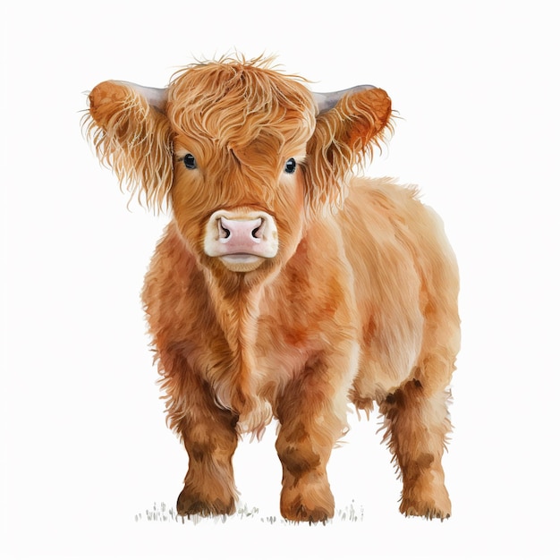 A painting of a brown cow with a pink nose and a white background.