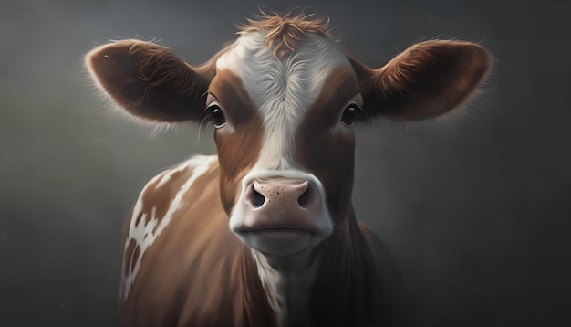 A painting of a brown and white cow with a white face and a black background.