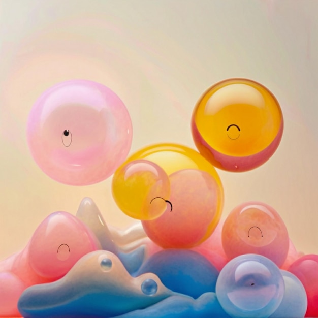 a painting of bubbles and a blue fish with a smiley face on it