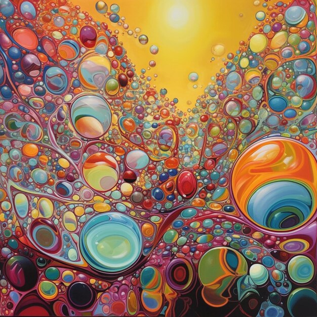 A painting of bubbles and the sun is on a yellow background.