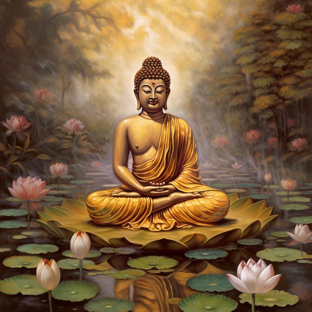 A painting of a buddha sitting on a lotus flower.