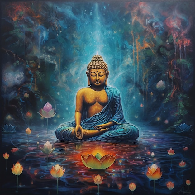 A painting of a buddha sitting in a pond with a lotus flower in the middle.