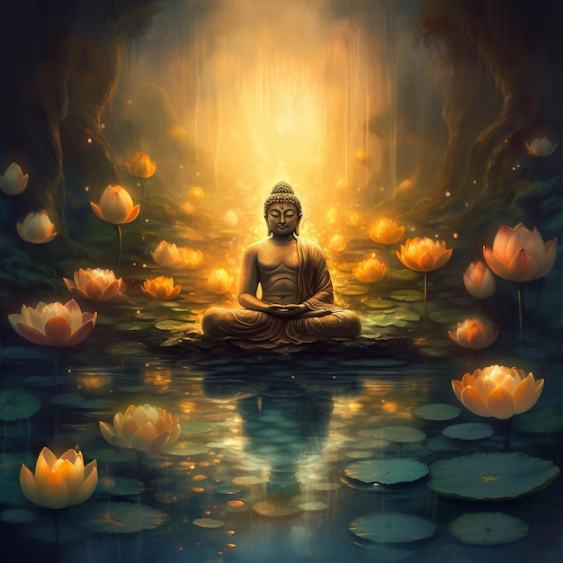 A painting of a buddha sitting in a pond with water lilies floating in the background.