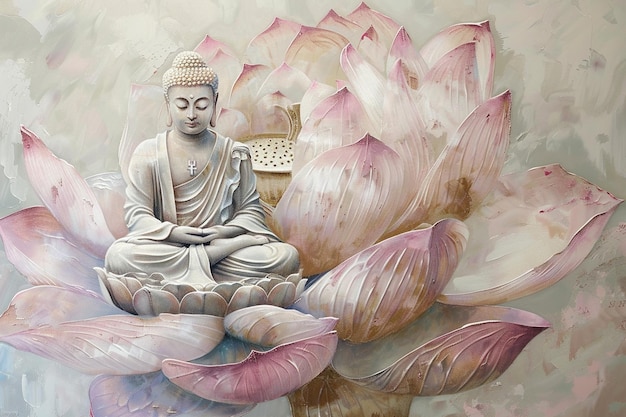 Photo a painting of buddha sitting on a table with lotus flowers