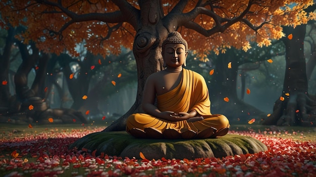 Photo a painting of a buddha sitting under a tree with leaves