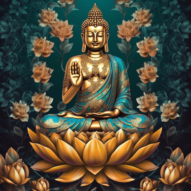 A painting of a buddha with gold leaves and flowers on the background.