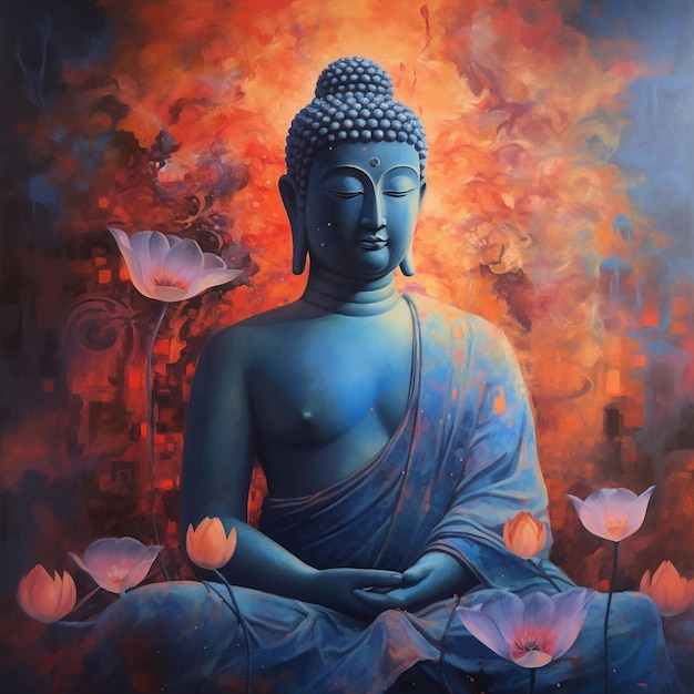 A painting of a buddha with a pink flower in the background.