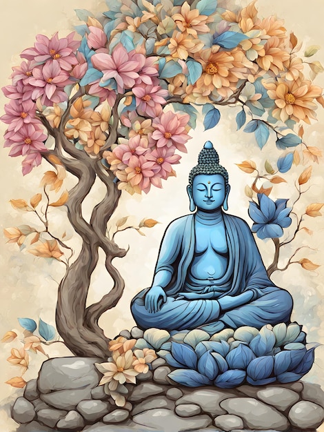 a painting of a buddha with a tree in the background