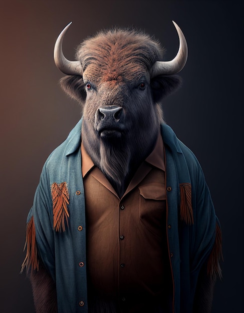 A painting of a buffalo with a blue shirt and blue shirt.