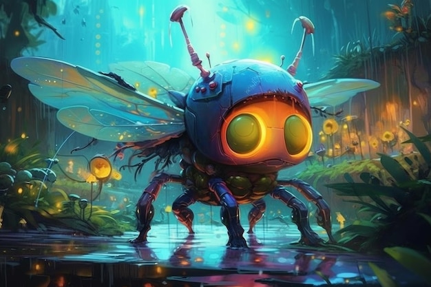 A painting of a bug with a city in the background.