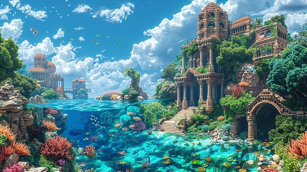 a painting of a building surrounded by fish and corals