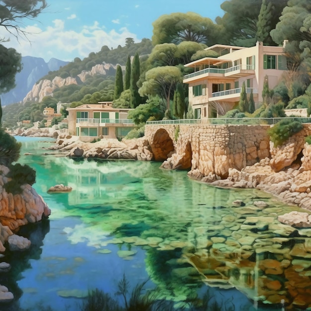 A painting of a building over the water Mediterranean sea