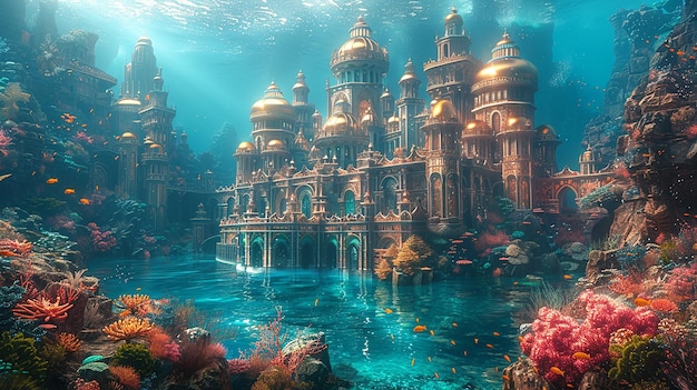 a painting of a building under water with a large gold fish swimming in it