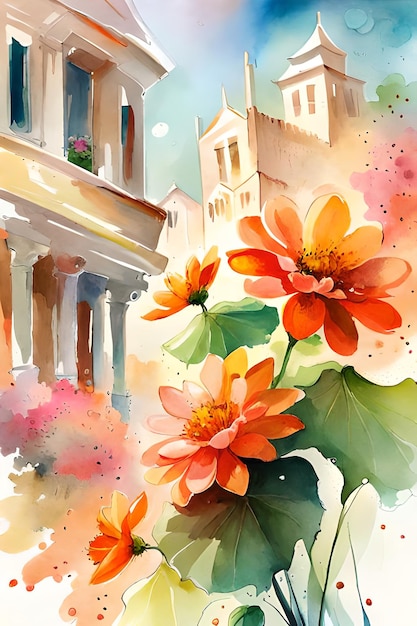 A painting of a building with a bunch of flowers in the foreground