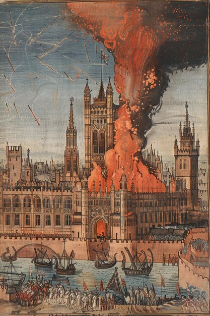 a painting of a building with a large fire burning in the middle