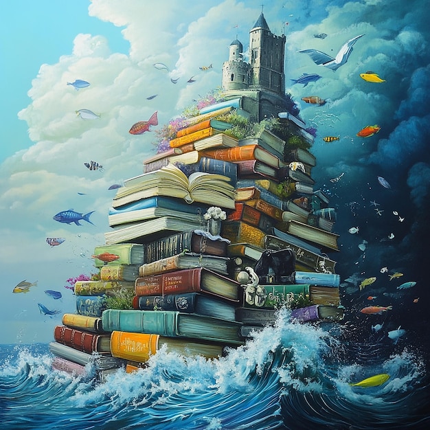 Photo a painting of a building with a lot of books on it